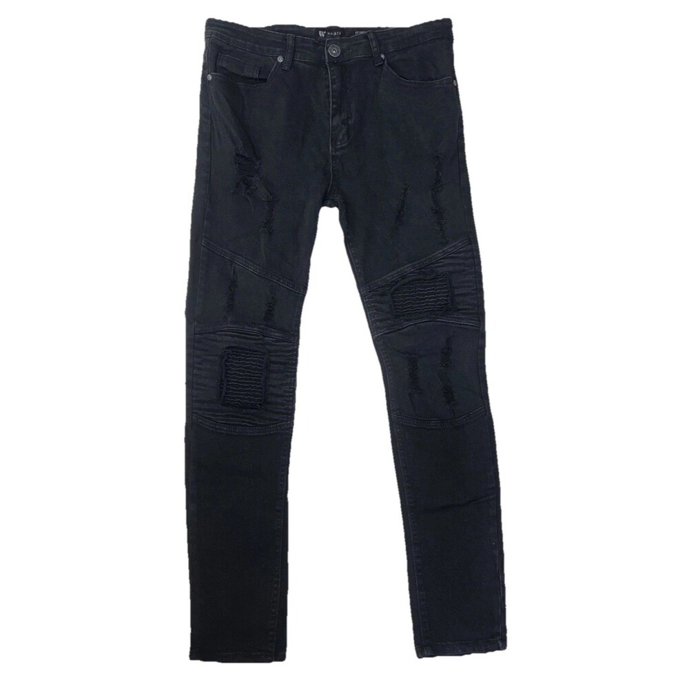 Waimea Mens Skinny Jeans Size 34Wx32L Black Dark Stretch Distressed Denim